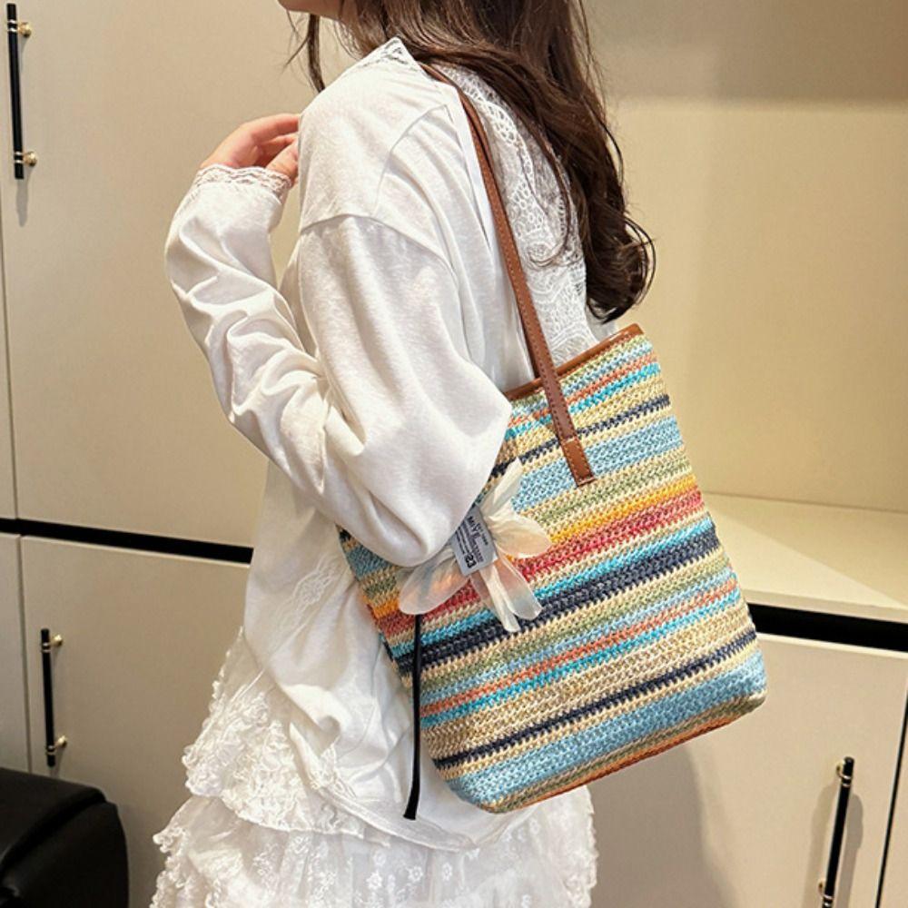 Bohemian Style Rainbow Woven Handbag with Flower Pendant Summer Bucket Bag  Shopping