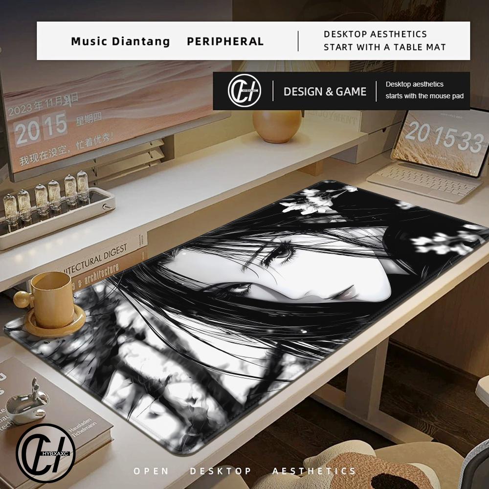 New Black And White Anime Girl Mousepad Hot Large Mouse Pad Office Keyboard Edge Locking Hybxaxc Gamer Accessories Nonslip Mat