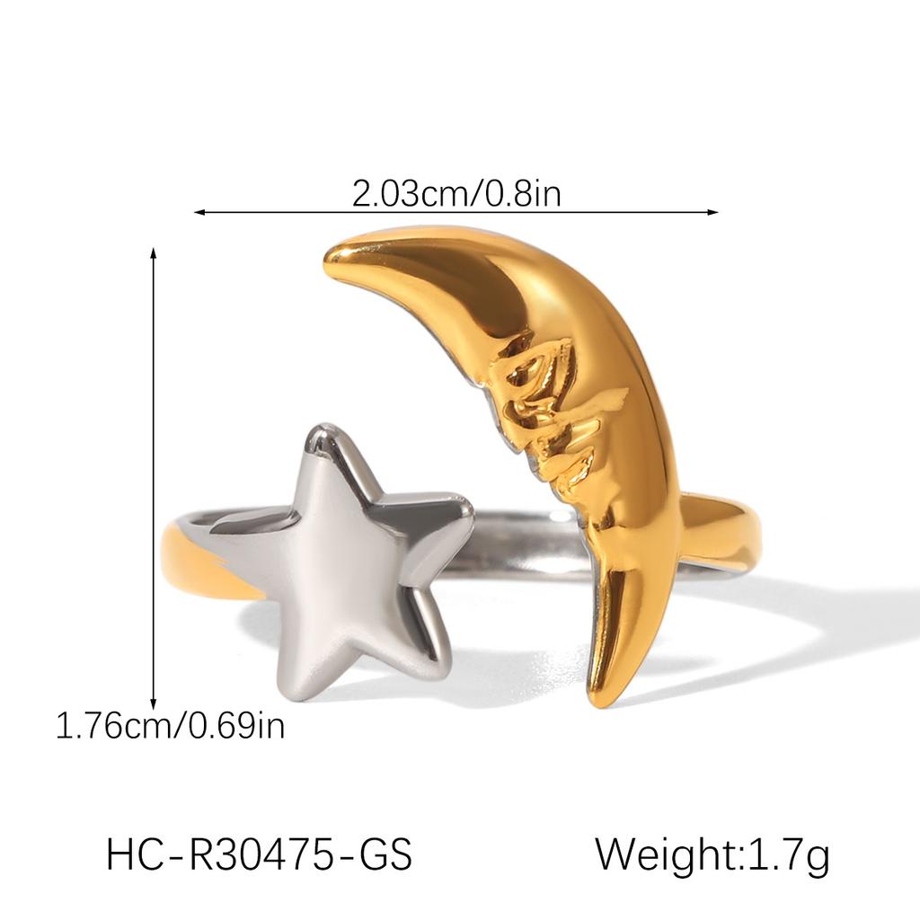 18K Gold Stainless Steel Star and Moon Open Ring, Stylish Color-block Adjustable Ring for Women