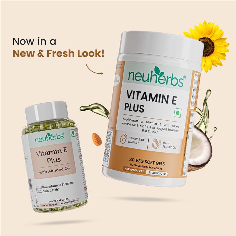 Neuherbs Vitamin E Plus Capsules for Skin & Hair | Plant-Based Vitamin E Supplement with Almond & Sunflower Oil | Supports Glowing Skin & Hair St