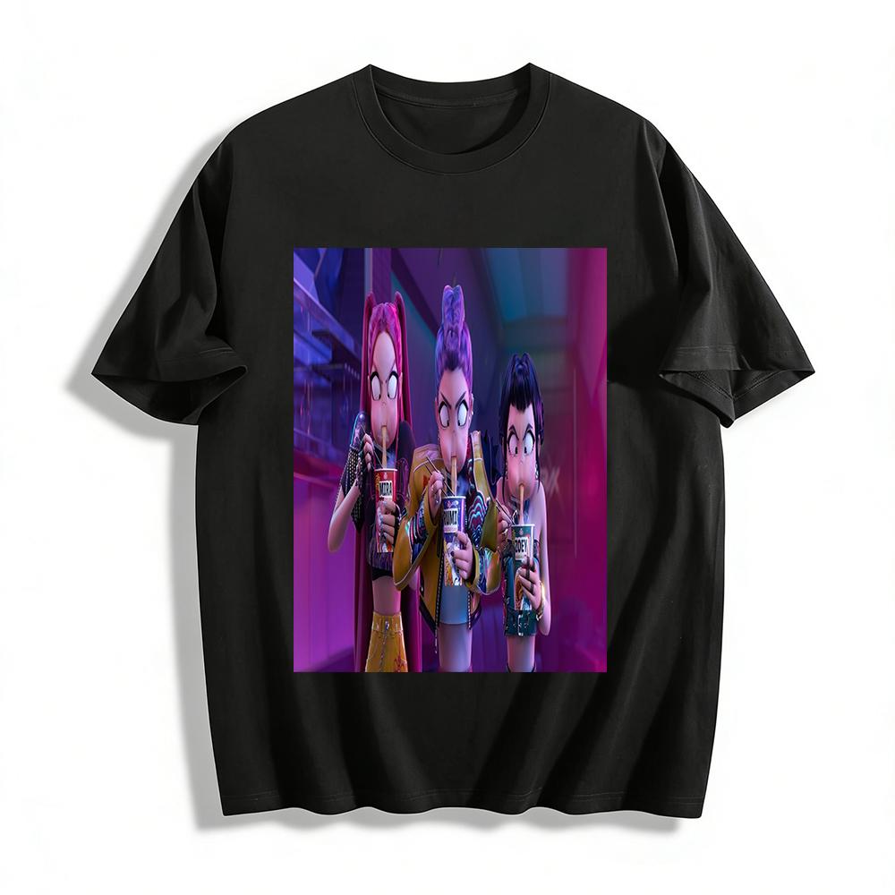 

Cyberpunk Style Funny Noodle-eating Sisters Print Tops Unisex Casual Loose Tees Pure cotton T-shirt 6XL