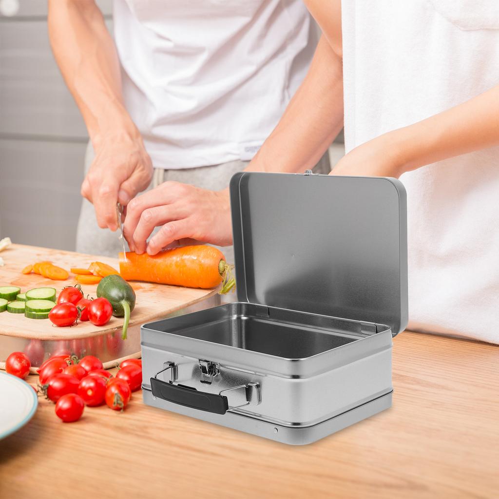 Tinplate Metal Lunch Box Retro Design with Robust Handle and Airtight Flip Lid Multipurpose Food Storage Container for Work