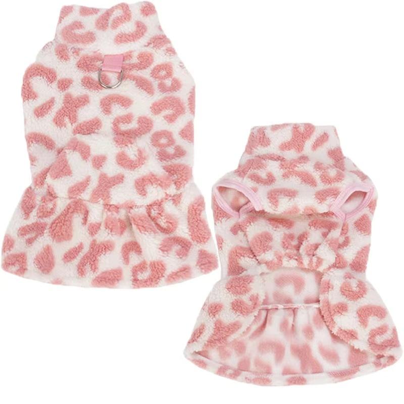 Leopard Dog Dress Coat Winter Fleece Pullover Sweatshirt Pet Clothes Sleeveless Vest Hoodies Puppy Skirt For Small Dogs Chiwawa