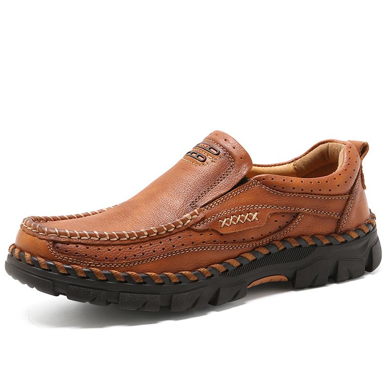 Fashion Men's Slip-On Casual Leather Shoes Wear-Resistant Anti-Skid Round Toe Loafers Thick Bottom Dress Footwear All Season