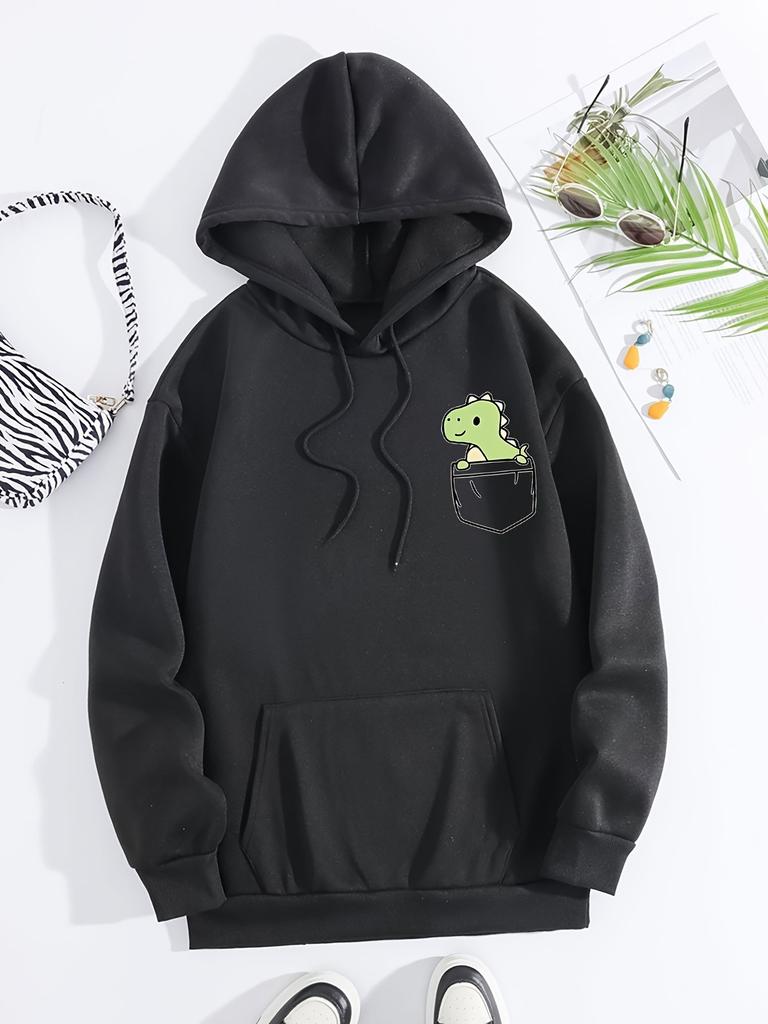 Herbst und Winter Süßes Kleines Dinosaurier Muster Aufgedruckte Hoodies Rundhals Langarm Lässige Damenbekleidung