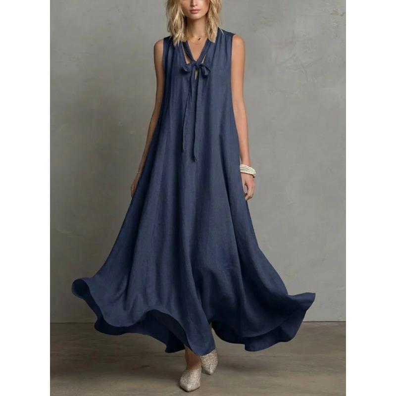 QICED Fashion Summer Spring Solid Color Print Sleeveless V-Neck Casual Dresses