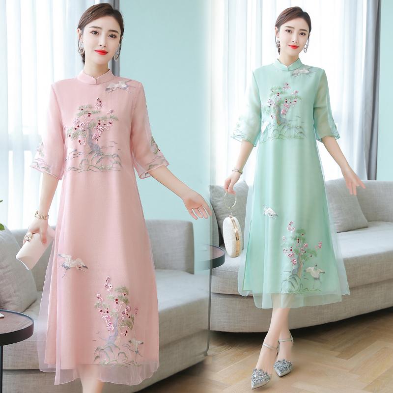 Summer Women Cheongsam Improved Dress Retro Elegant Embroidery Long Dresses Floral Party Dress Chinese Female Clothing
