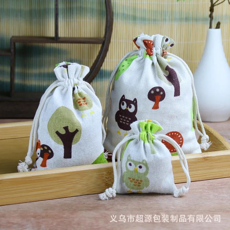 10pcs/lot Linen Drawstring pocket Cute Pattern Printed DIY wedding Candy Storage Bag Travel Makeup Cloth Shoes Sundries Storage