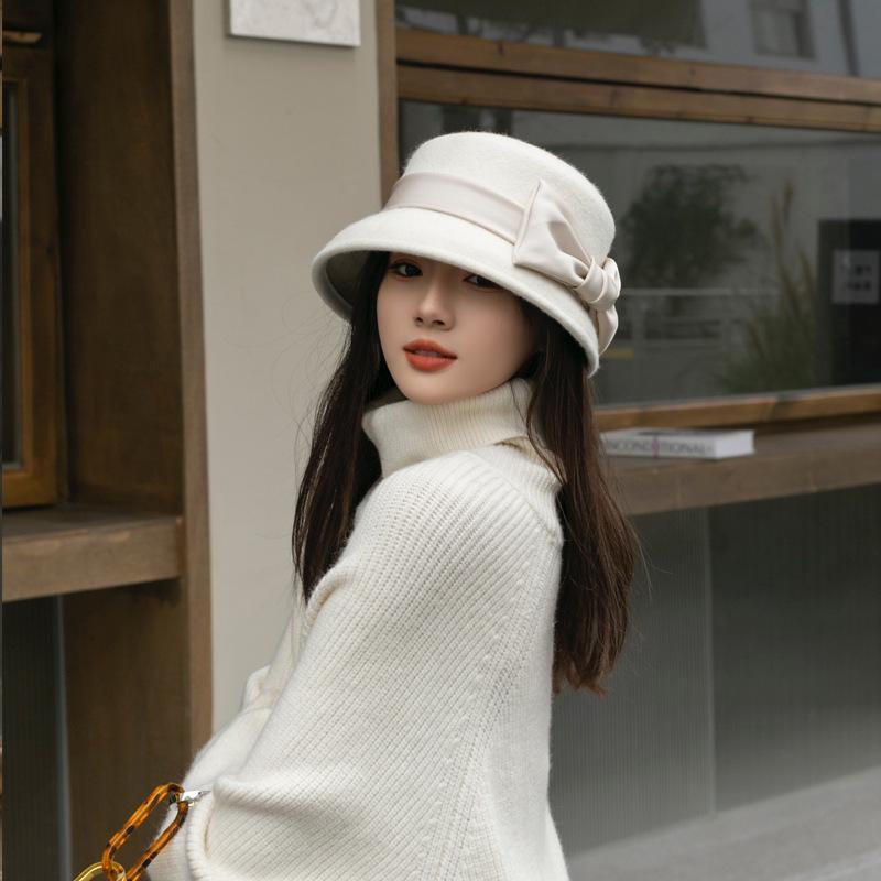 Autumn and Winter New Elegant Hepburn Bow French Top Hat Retro Woolen Hat Women's Retro Dome Woolen Hat