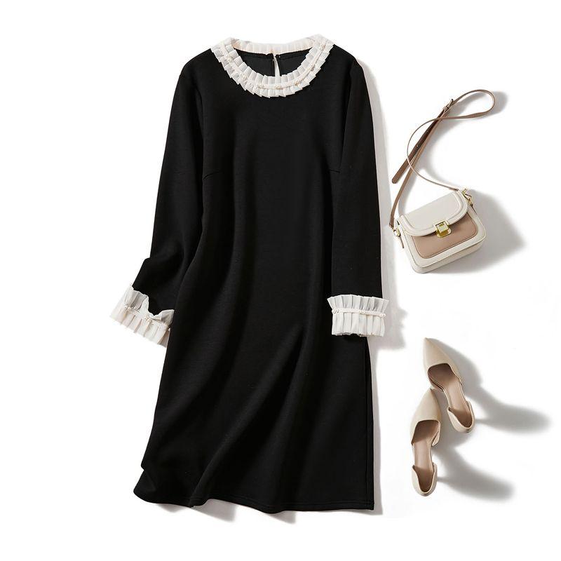 

Платье ручной работы с рукавами-листьями лотоса из жемчуга! Большое Элегантное Женское Эластичное Хлопковое Дышащее Повседневное Платье с Длинным Рукавом Новое Стройнящее Black L