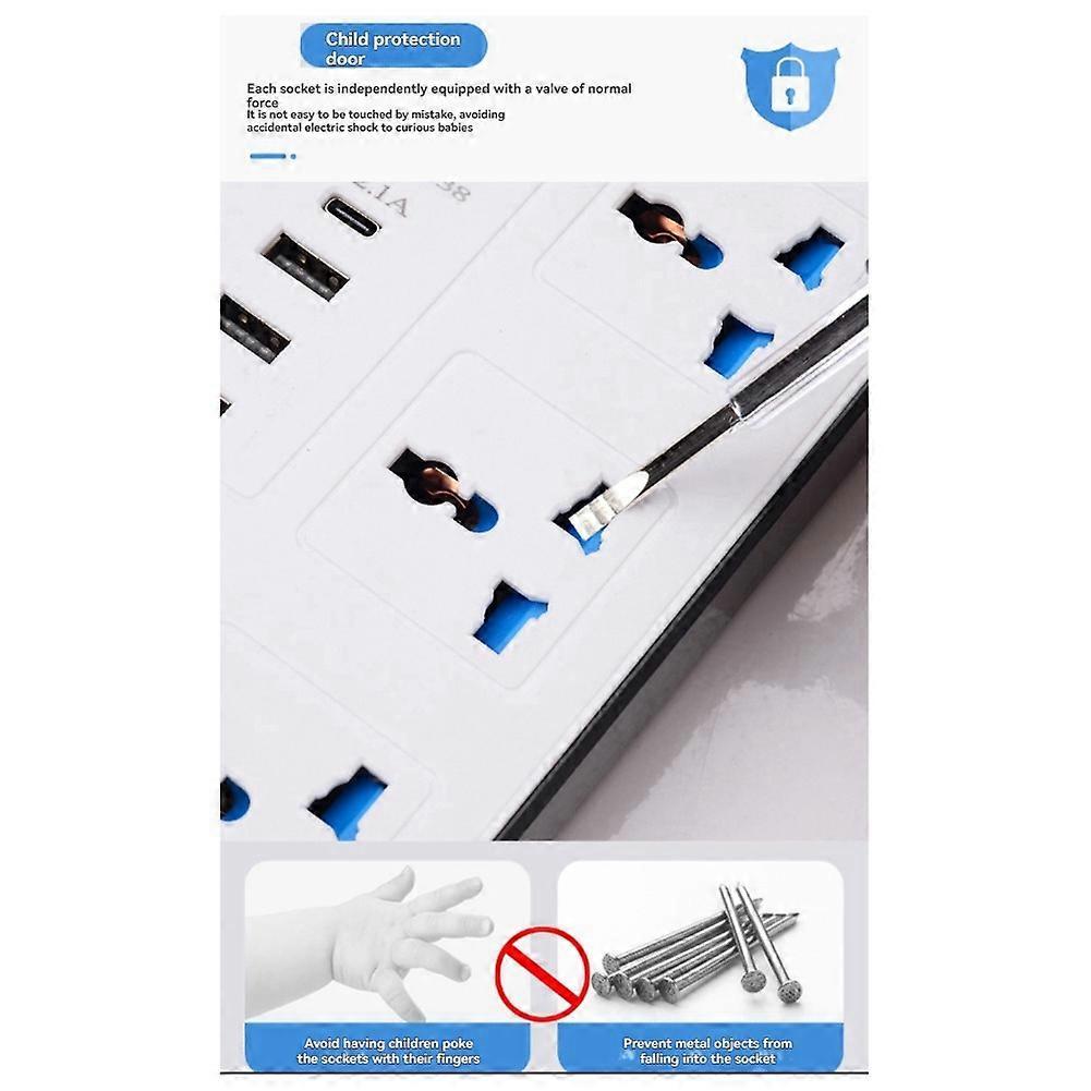 Régua de Energia Universal com Cabo de Extensão de 1,8m com Portas USB-C e USB Tomada Elétrica Múltipla Plugue UK Preto
