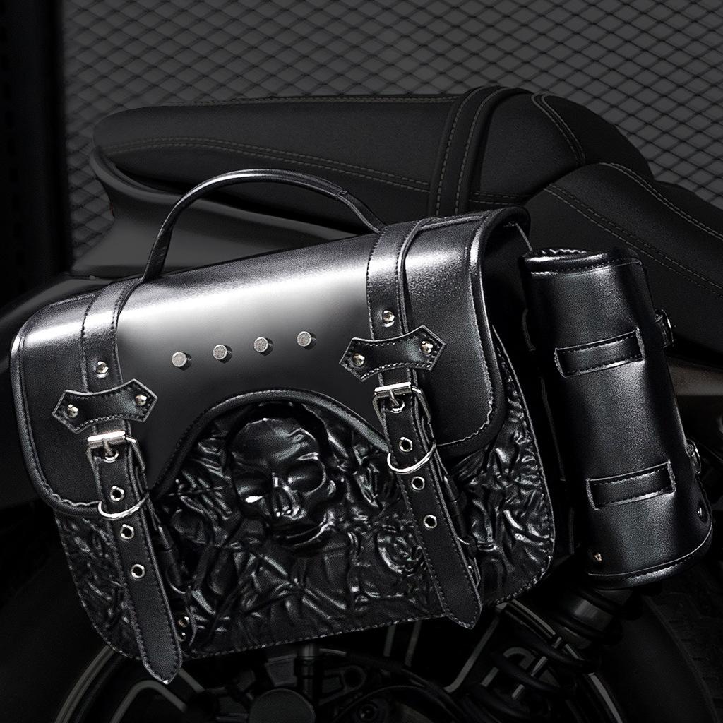 

Retro Industrial Motorcycle Side Bag Harley Front Bag Skull Head Rivets Decorative Equipment Luggage