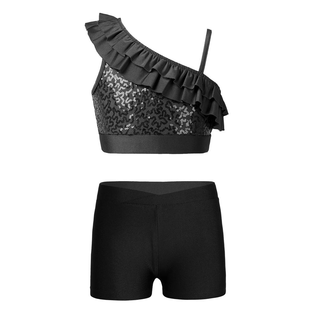 Dívčí Sequin Crop Top Set Asymetrické volánkové ramínka V-výstřih v přední části Pasové šortky Tanec Soutěž