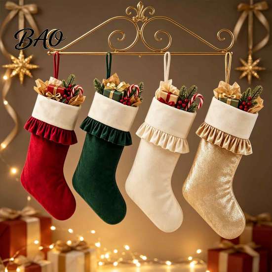 Festive Fireplace Mantle Decor Large Ruffled Cuff Christmas Stockings, Thick Xmas Gift Sack with Hanging Small Candy Pouches for Rope, Present