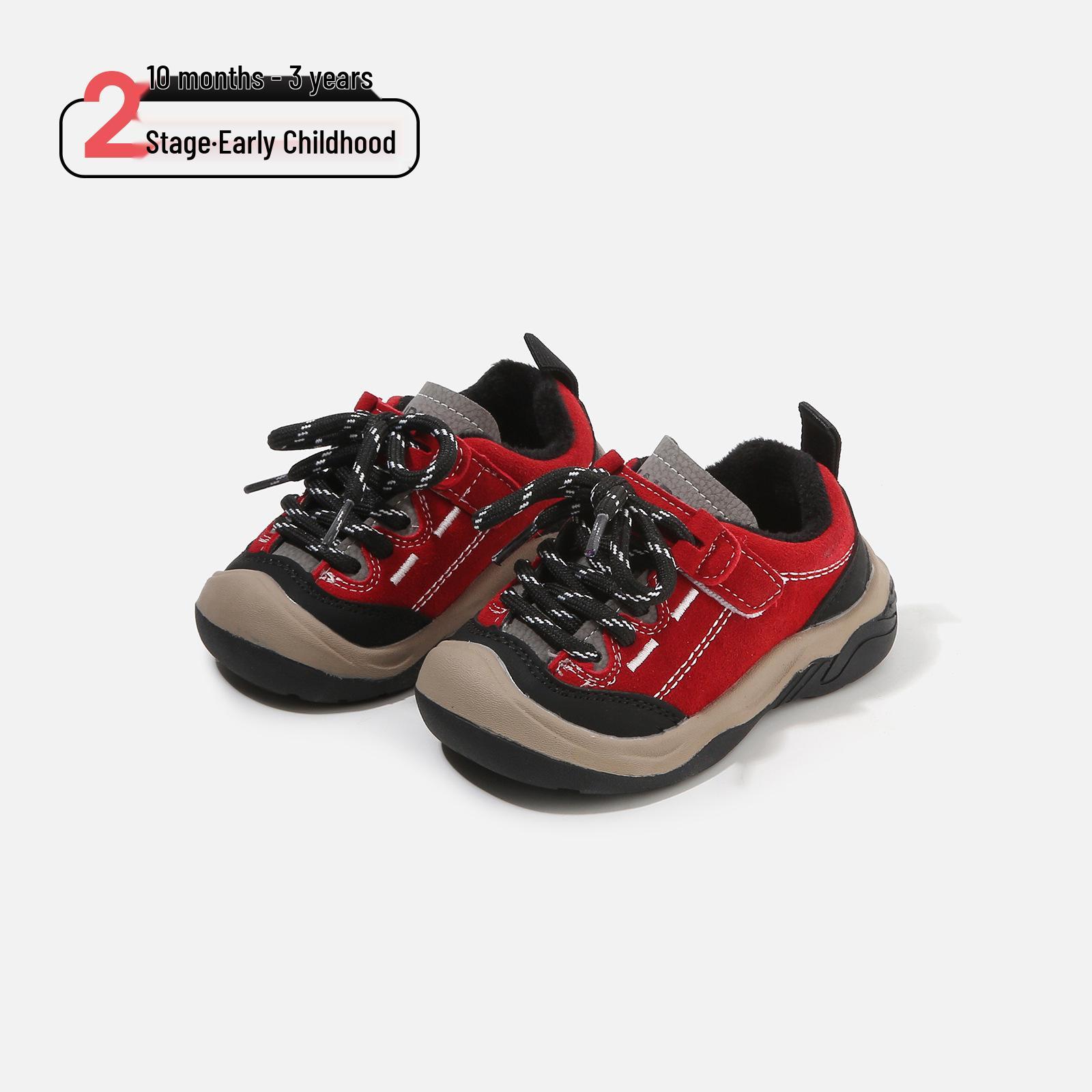 

2025 Autumn/Winter Boys Color Block Velvet Walker Shoes: Fashionable, Warm, Versatile Factory order 16-20 (120 pairs) червоний