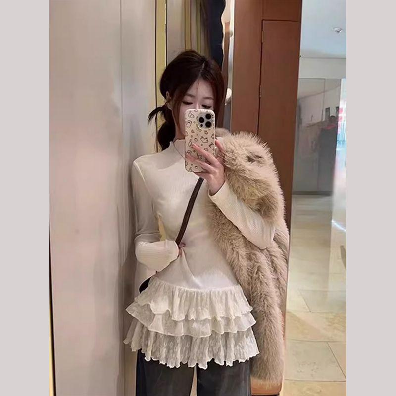 

Женская футболка с длинным рукавом и кружевной отделкой в балетном стиле - С полувысоким воротником, приталенная, универсальный топ на осень/зиму M молочный белый