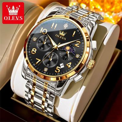 Mulitifunction Quartz Watch for Men Original Stainless Steel Waterproof Luminous Chronograph Moon Phase Man Watch