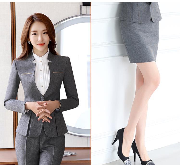 

Весна 2025 Профессиональный женский костюм-двойка с юбками V-образный вырез Модный формальный набор с блейзером Элегантная одежда M темно серый