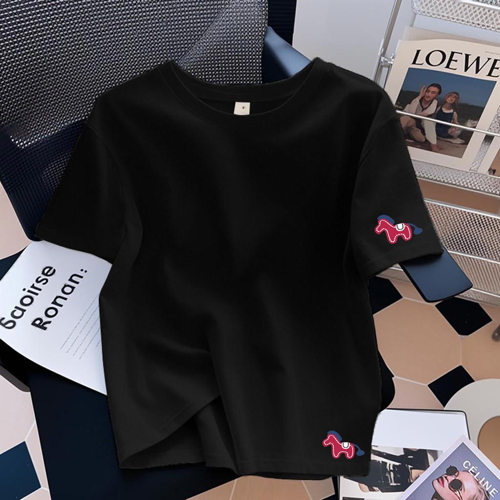 Women's Round Neck Short Sleeve Cute Horse Printed Loose Fit Korean Casual T Shirt Basic Cotton Top 2026 New Spring Daily Ins Style Layering Blouse
