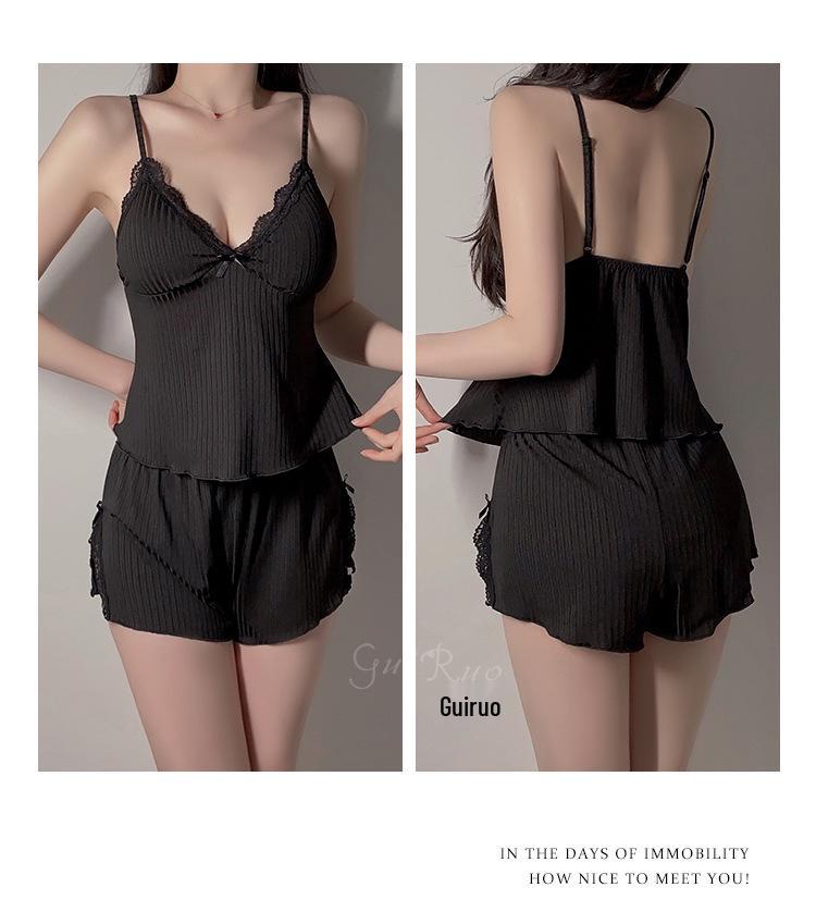 Stunning Deep V Lace Cami Top & Elastic Waist Slit Shorts Set
