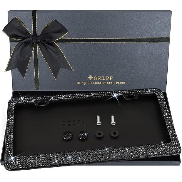 Bling License Plate Frame for Women, 1PCS Sparkly License Plate Frames| Over 1200 Pcs 14 Facets Bedazzled Clear Glass Diamond Rhinestone Crystals