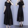 Women's Summer Short Sleeve Hollow Out Lace Dress Slim Round Neck A-Line Mid-calf Dresses
