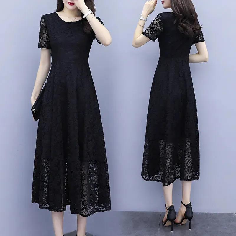 Women's Summer Short Sleeve Hollow Out Lace Dress Slim Round Neck A-Line Mid-calf Dresses