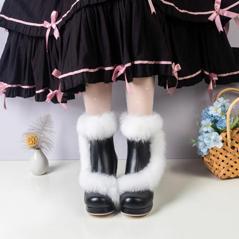 Lolita Cosplay Costom Ankle Boots Girls with Rabbit Fur Black Pink White Women 2024 Uniform Leather High Heels Sweet Shoes