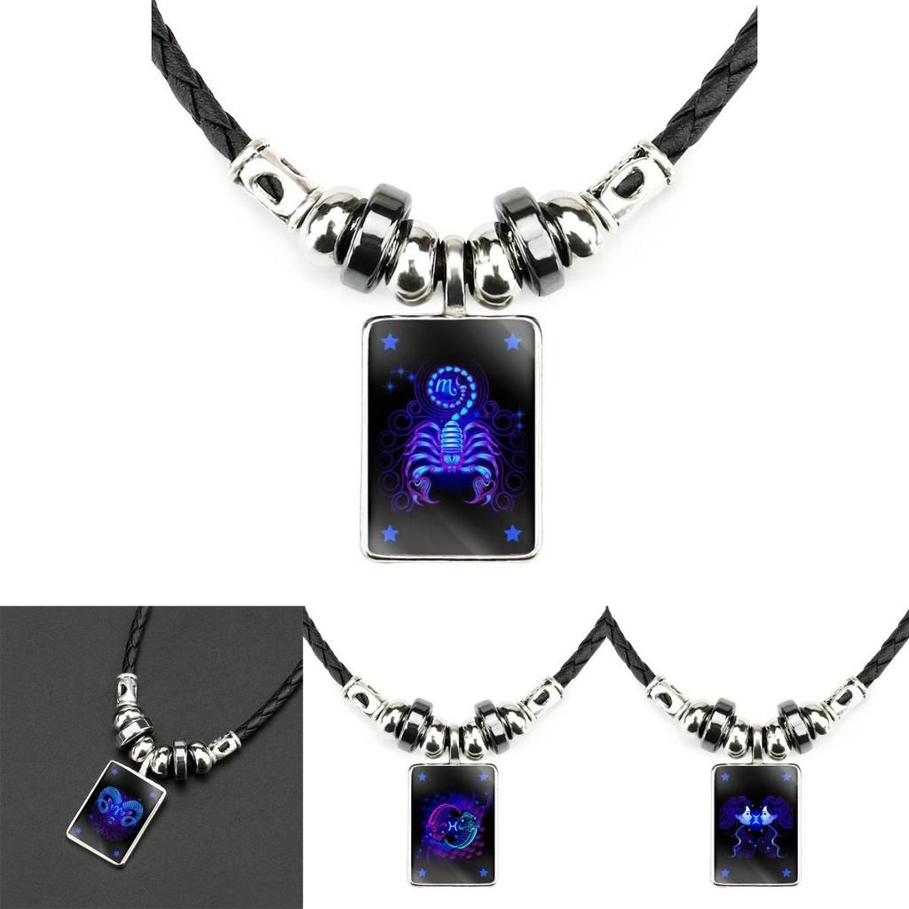 Unique Geometric Shape Zodiac Sign Pendant On Black Leather Rope Necklace