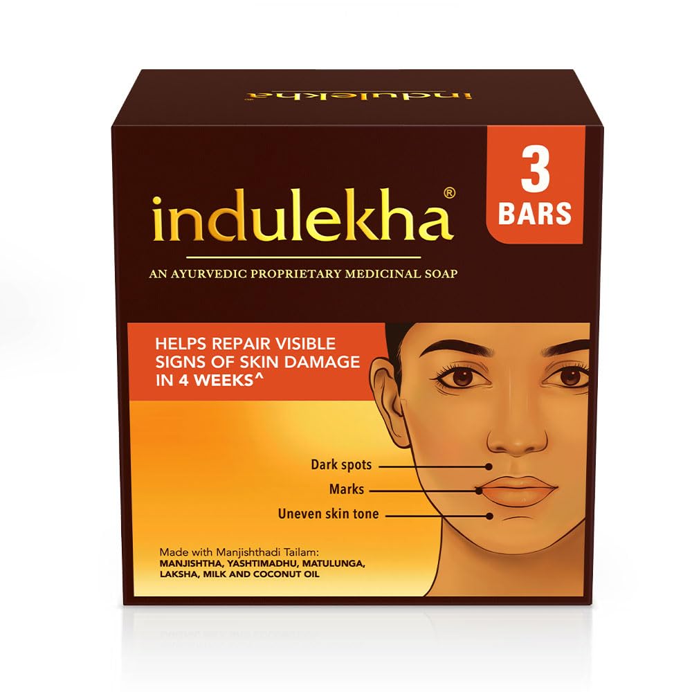 Indulekha Ayurvedic Soap Bar 100g X 3  | Herbal Skin Care Soap For Dark Spots, Marks, Uneven Tone And Healthy Glowing Skin