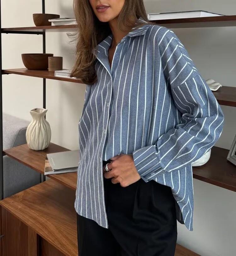 Women Loose Long Sleeve Striped Cardigan Shirt Blouse Outerwear