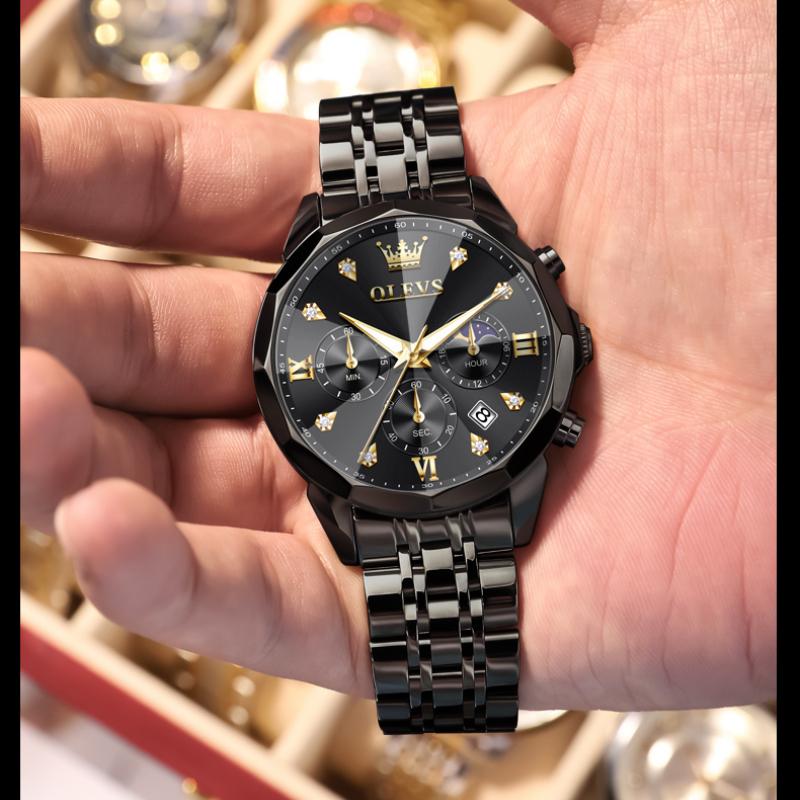 OLEVS Men Watch Fashionable Original Moon Phase Quartz Watch Waterproof Luminous Automatic Date Stainless Watch Gifts