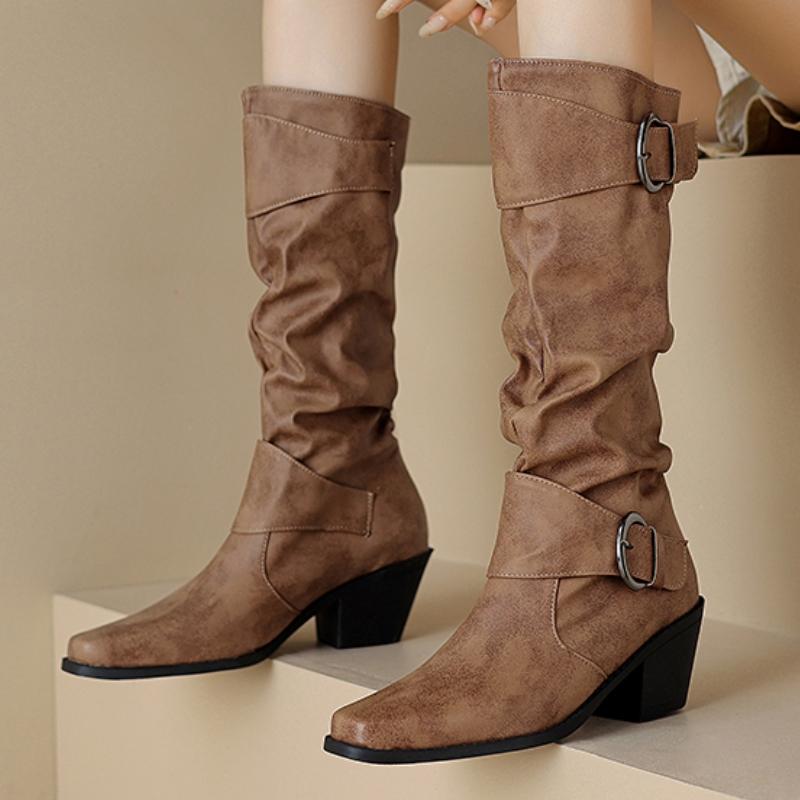 Western Cowboy Boots Women Winter Shoes Short Heels Knee High Boot Fashion Black Brown Long Party Shoes Female Footwear Big Size