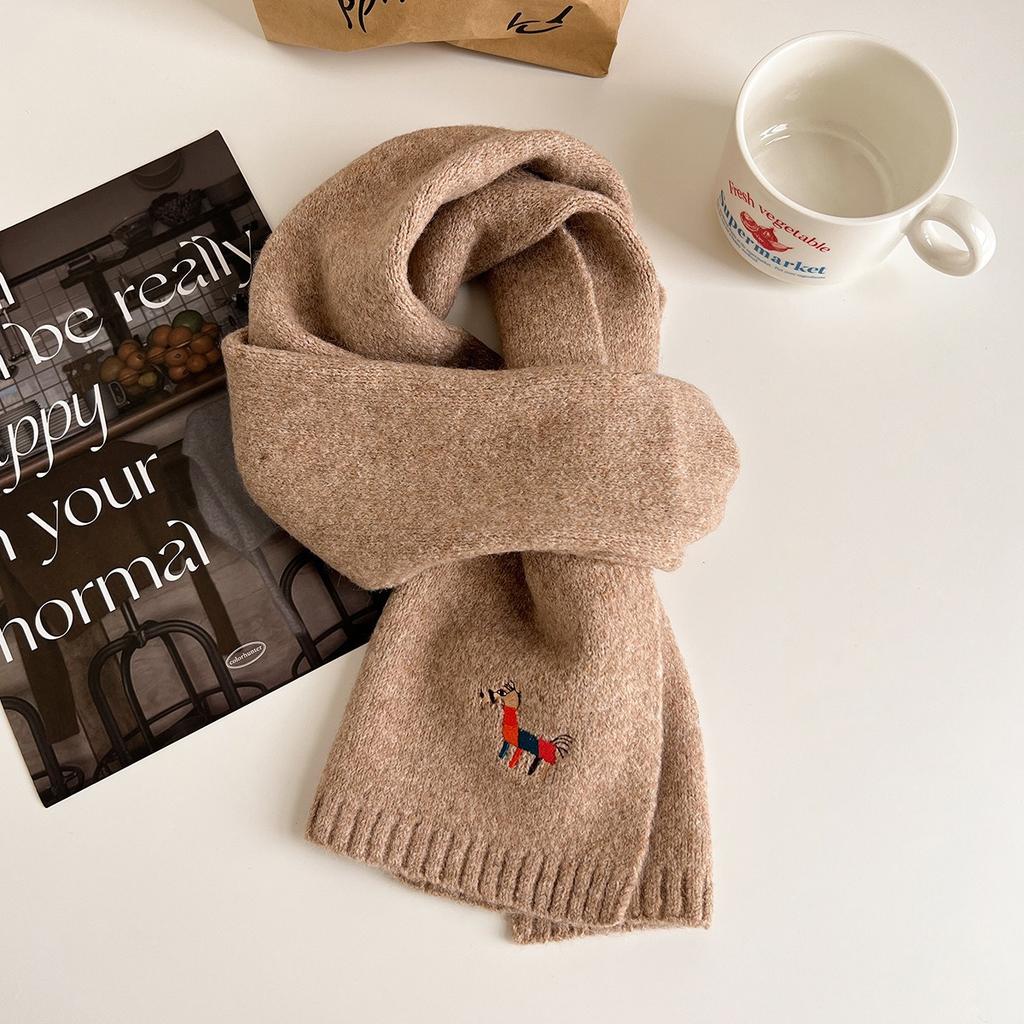 Autumn Knitted Pony Cute Wool Scarf for Women Thickened and Warm Korean Style Scarf Versatile Pony Embroidered Small Scarf