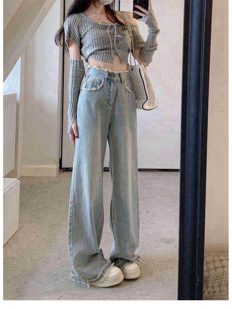 Women's Light Blue High-Waisted Wide-Leg Jeans - Petite, Loose, Slimming, Straight-Leg, Floor-Length (Spring/Autumn 2025 Style)