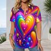 Women Plus Size Colorful Rainbow Heart Star Print Short Sleeve Button Down Shirt