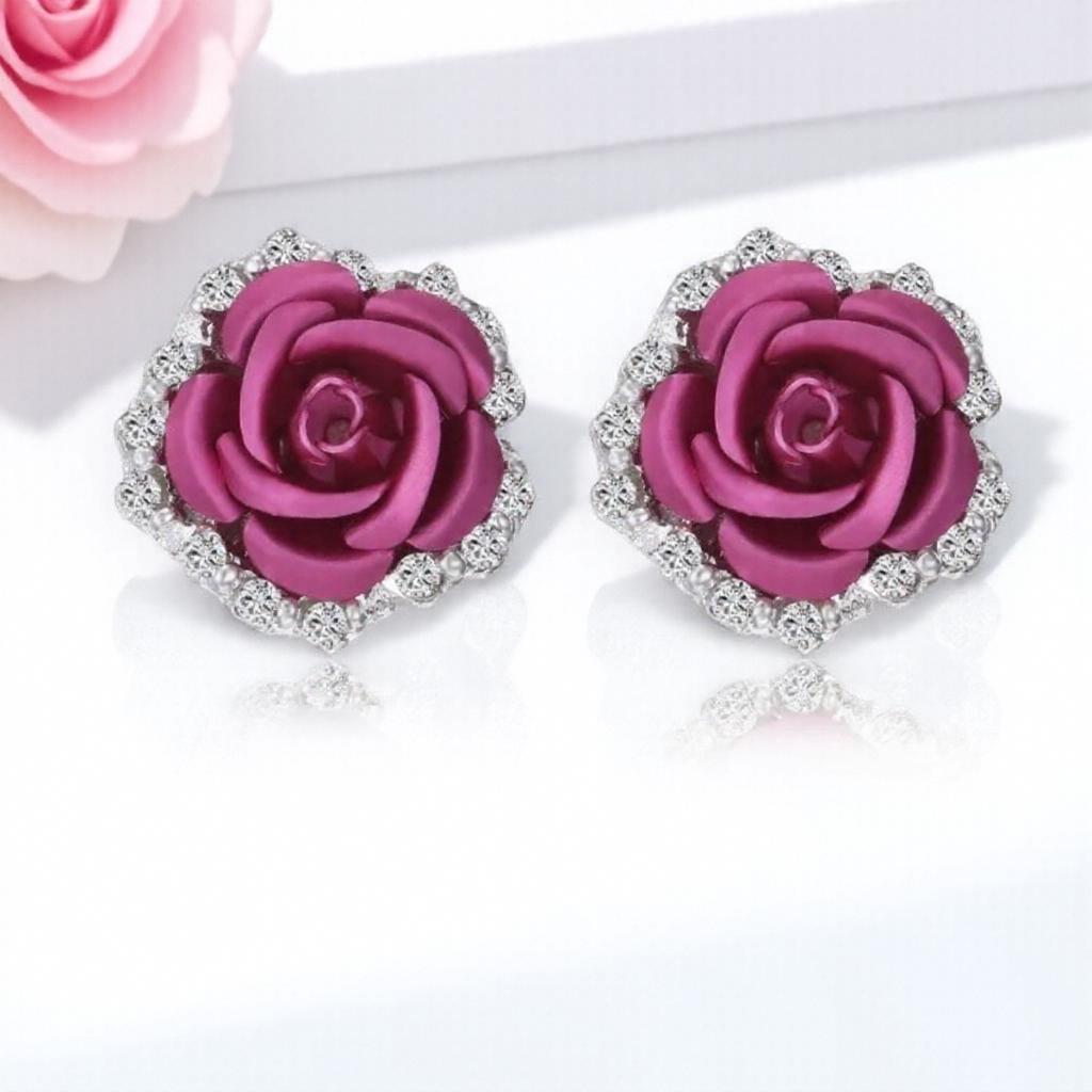 Rose Shaped 4 Color Alloy Rhinestone Stud Earrings for Women Silver Plated Crystal Rose Earrings Fashion Jewelry Gift