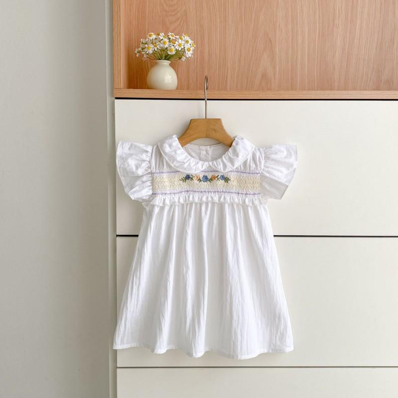 Girls Cotton Dress White Embroidered Smocked Sleeve Princess Kids Party