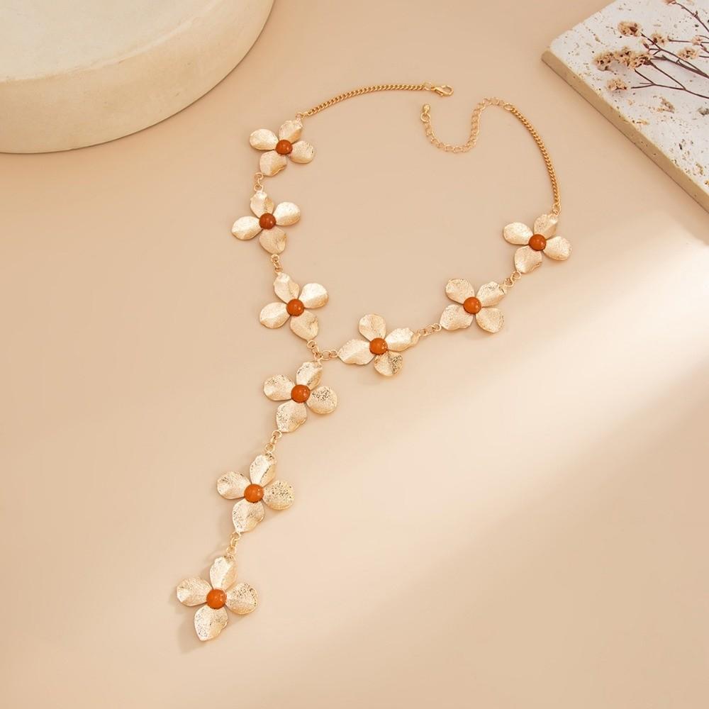 Gothic Flower Pendant Necklace Gold Flower Tassels Earrings New Y-shaped Chain Necklace  Jewelry