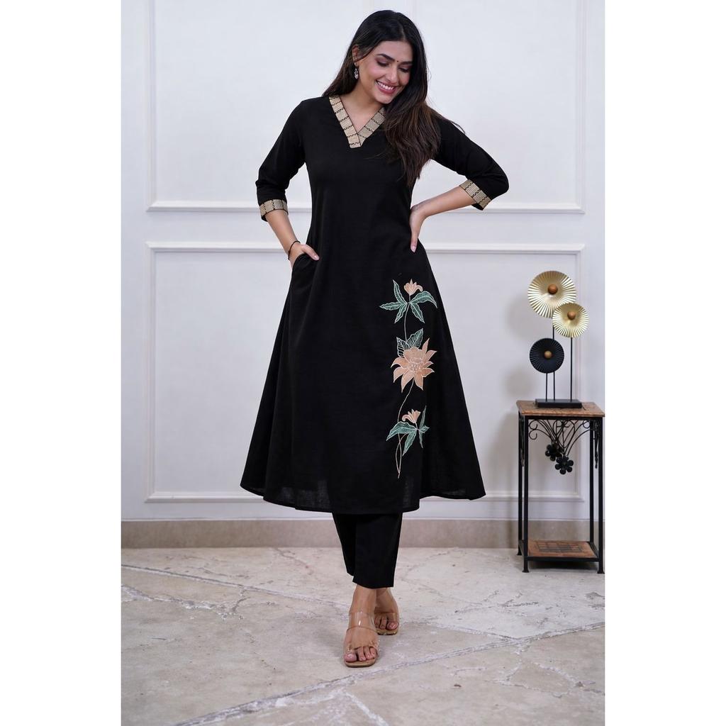 Beautiful Embroidery Office Wear Cotton Kurti Pant Set Indian Designer Kurta Set