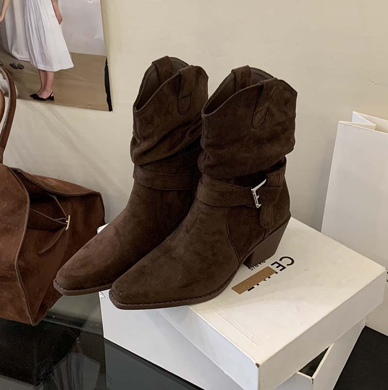 Cowhide version~ retro suede V-mouth western cowboy boots women's high-heeled pointed mid-tube boots belt buckle stacking boots
