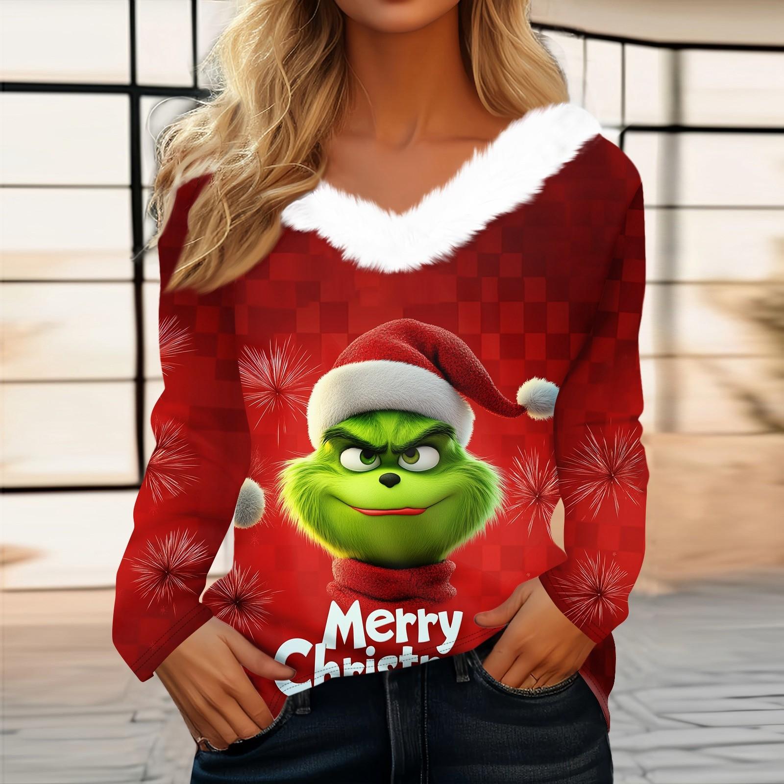 

Women s Christmas Printed Long Sleeve Shirt V Neck Casual Loose Fit T-Shirt Tops S