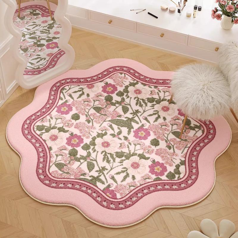 Round Carpet Bedroom Bedside Floor Mat Pink Floral Minimalist Luxury Rug Soft Fluffy Irregular Rugs Home Decoration Alfombra