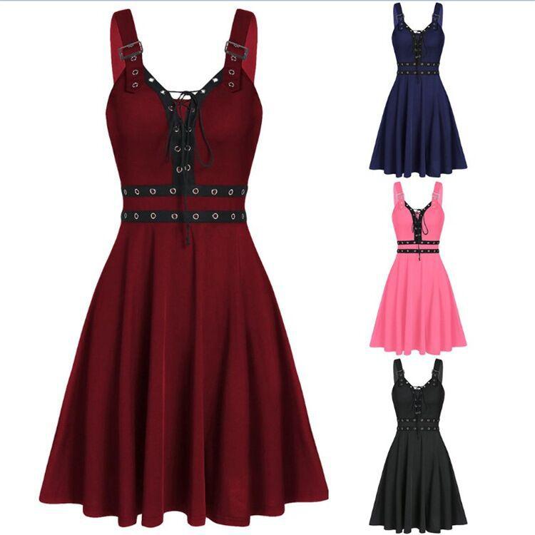 Damenkleid Gothic Punk Stil Kleid Patchwork Bandage Trägerkleid