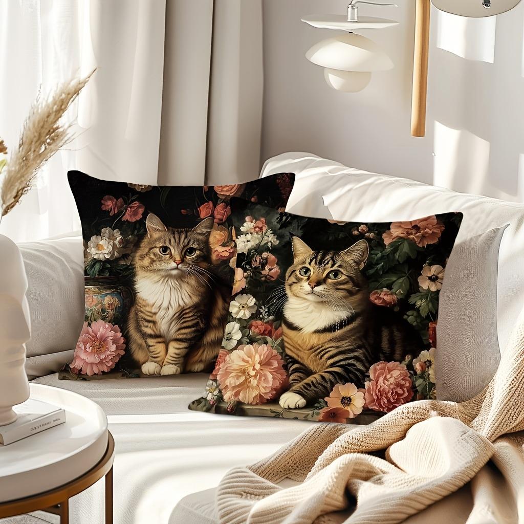 Elegant Cat - Floral Pillow CoversLiving Room Sofa Cushion Cover, Soft and Comfortable, Bedroom Room Decoration