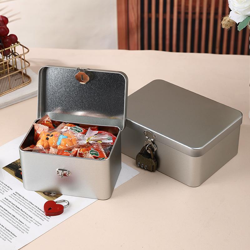 Silver Lockable Tin Storage Box Multifunctional Desktop Storage Box Metal Box Jewelry Storage Empty Box