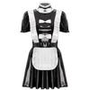 Dámská uniforma pro klubové oblečení Naughty Maid Lesklá lakovaná kůže Cosplay šaty pro služebnou Volány lemovky Mašle Zástěra s nabíraným rukávem A-Line