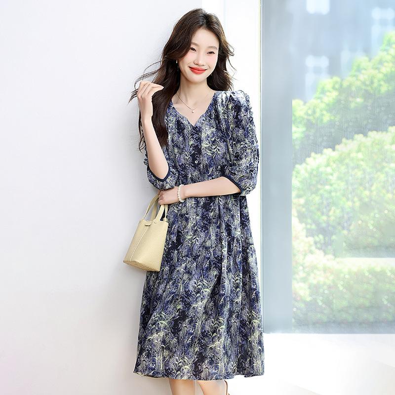 Loose belly-covering dress for women's new  design, thin middle-aged thin floral dress