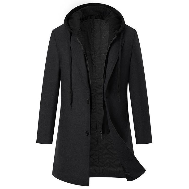 Men's Autumn and Winter Thickened Hooded Fake Two-piece Mid-length Coat Padded Solid Color Slim Windbreaker Jacket