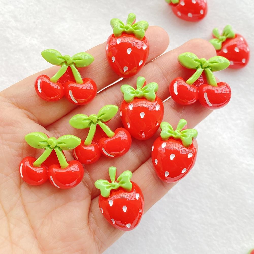 10Pcs New Cute Resin Red Cherries, Strawberries Flat Back Fit Phone Deco Parts Embellishments For Hair Bows Accessories